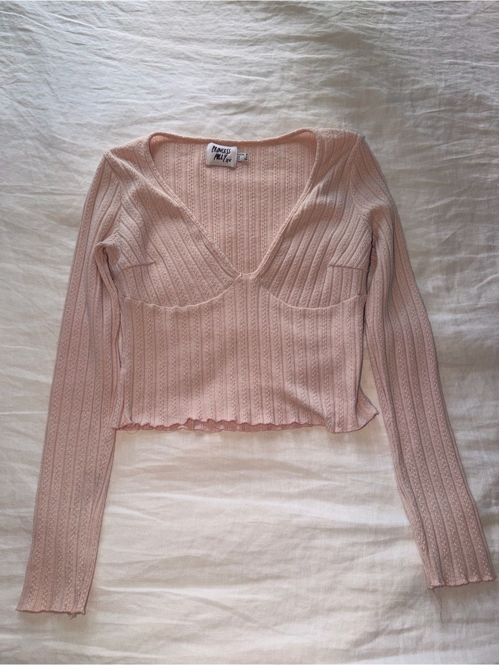 Princess Polly Light Blush Ribbed V-Neck Long Sleeve Crop Top